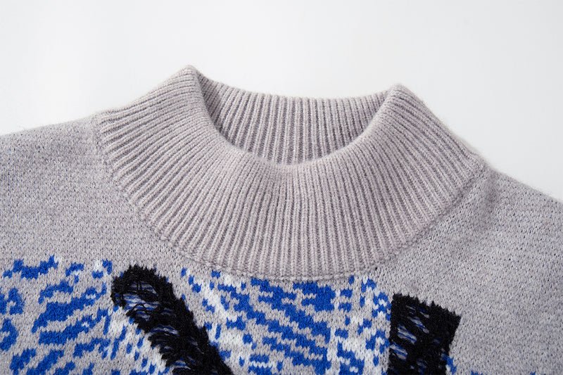 Union Jack Jacquard Knit Sweater – Oversized Crew Neck with Distressed Hem