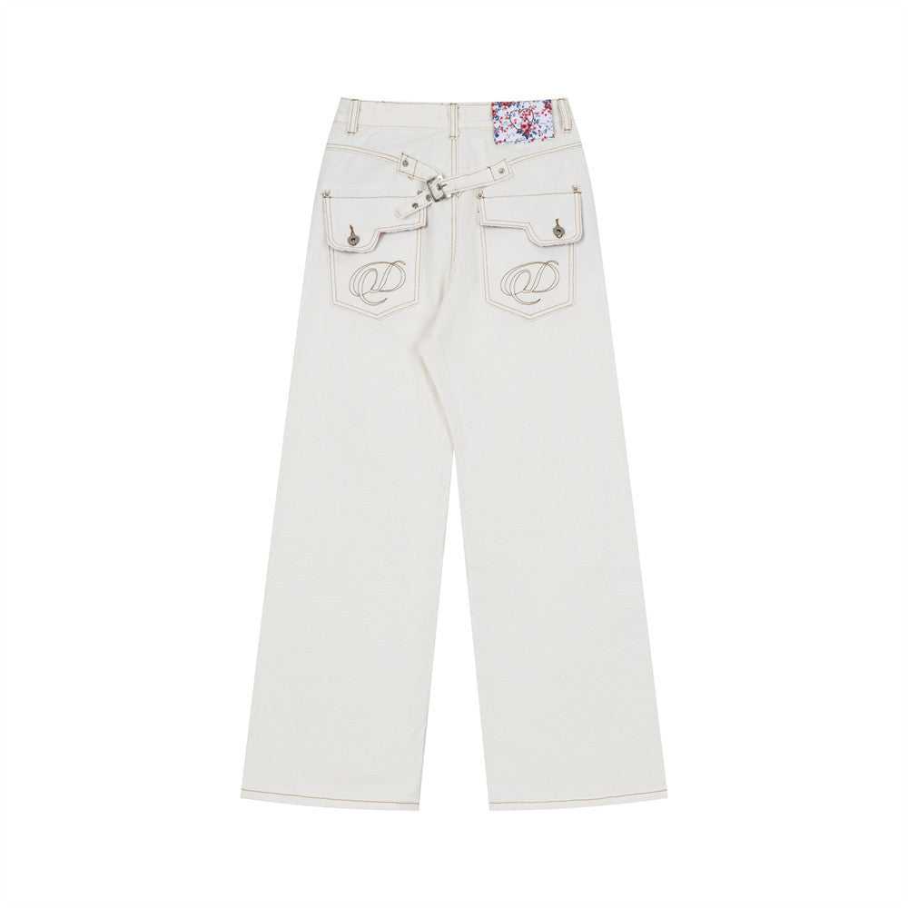 Wide-Leg Canvas Pants with Contrast Floral Pocket Lining