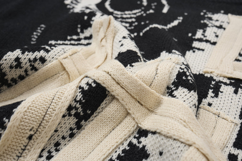 Pull en maille graphique effet usé – Col rond streetwear américain avec appliqué