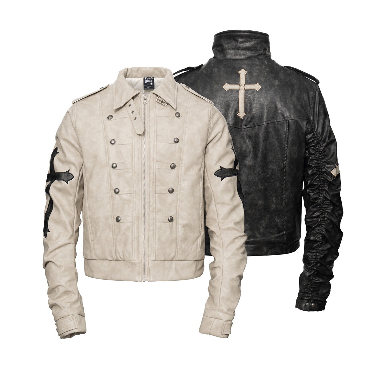 Gothic cross padded faux-leather moto jacket with military buttons and cross appliqué in beige and black