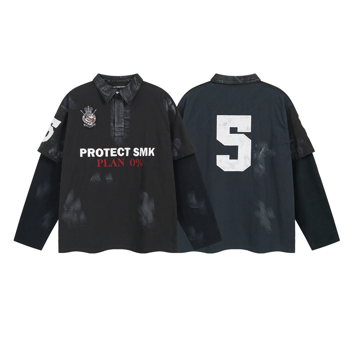 Polo de rugby oversize con lavado ácido – Mangas de falsa capa y bordado de gran tamaño