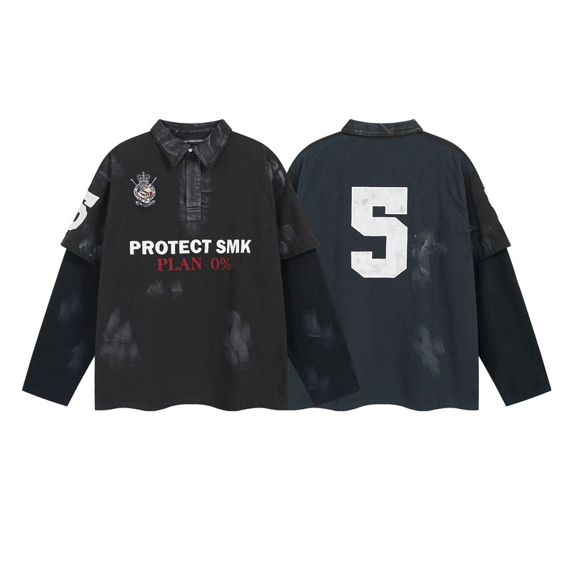 Polo de rugby oversize con lavado ácido – Mangas de falsa capa y bordado de gran tamaño