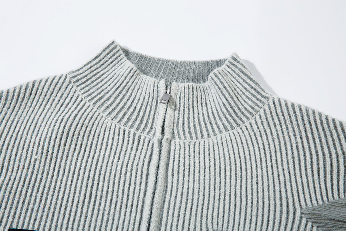 Distressed Knit Zip-Up Cardigan Jacket – Reversible Ribbed Sweater Coat