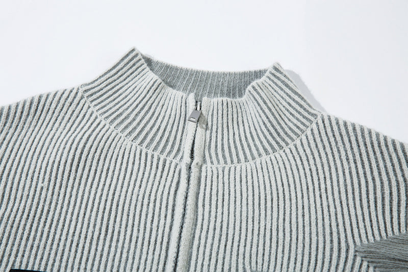 Distressed Knit Zip-Up Cardigan Jacket – Reversible Ribbed Sweater Coat
