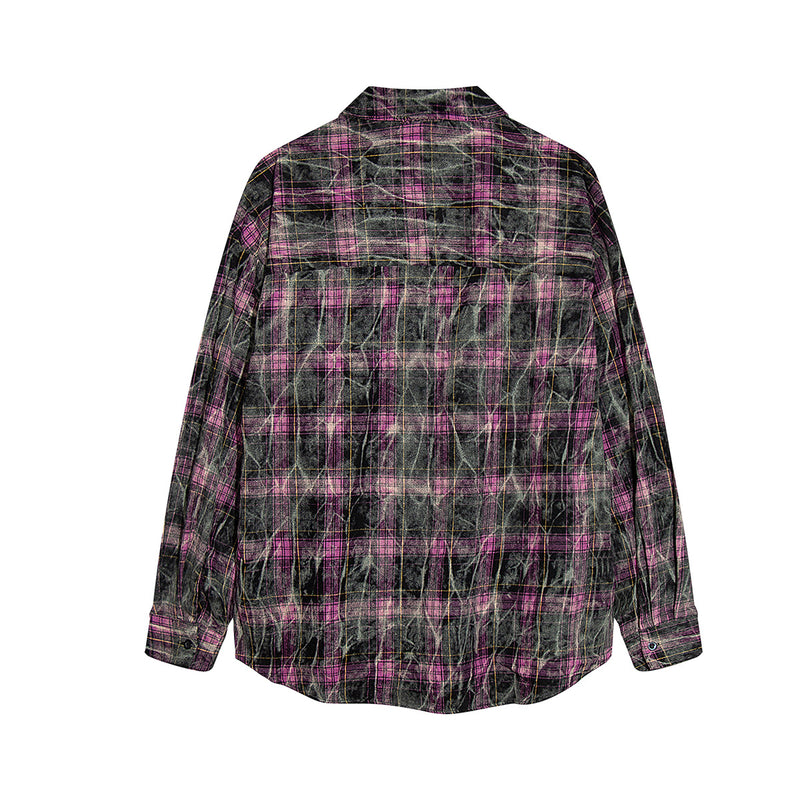 Collared Long Sleeve Shirt – Vintage Washed Distressed Plaid, Oversized Fit