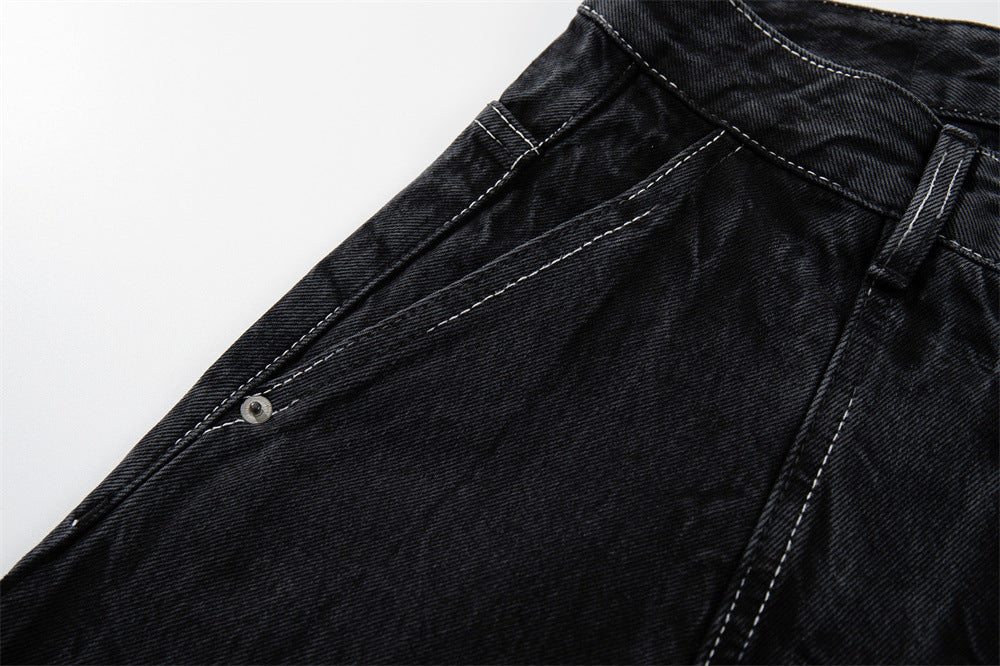 Crinkle-Washed Black Denim Shorts – Wide Leg Streetwear Fit