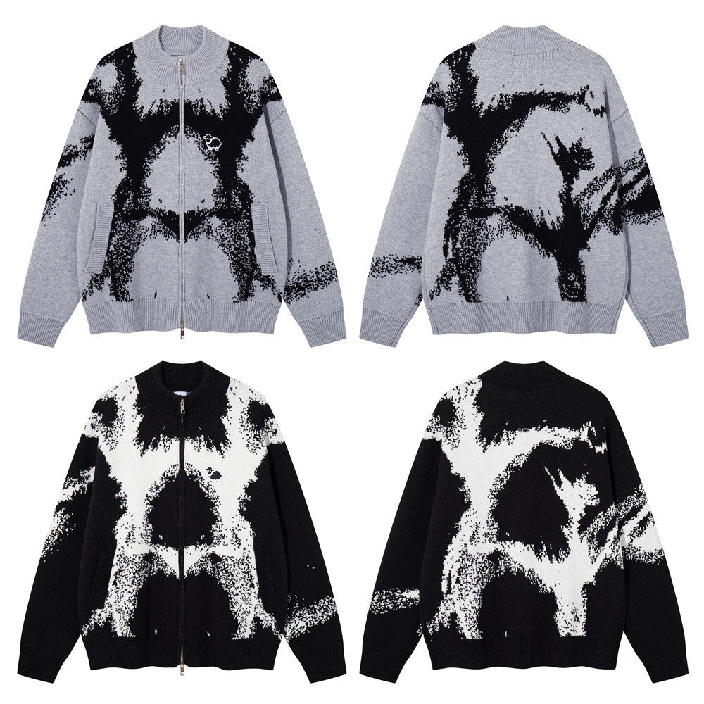 Ink-Splash-Strick-Cardigan mit Reißverschluss – Oversized-Stehkragen