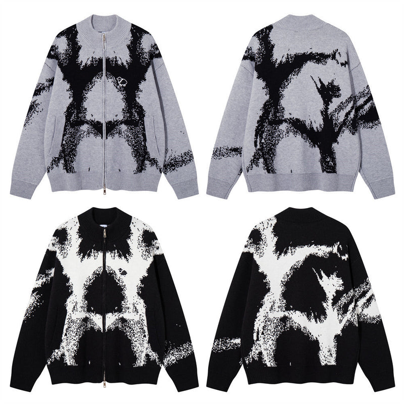 Ink-Splash-Strick-Cardigan mit Reißverschluss – Oversized-Stehkragen