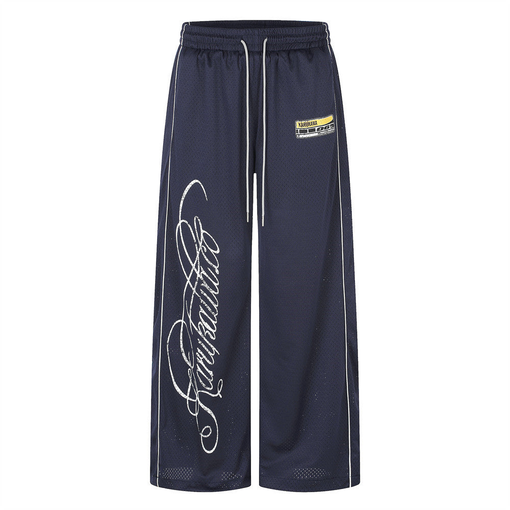 Herren-Meshhose mit weitem Bein und elastischem Bund – Script-Logo-Print, gerader Schnitt