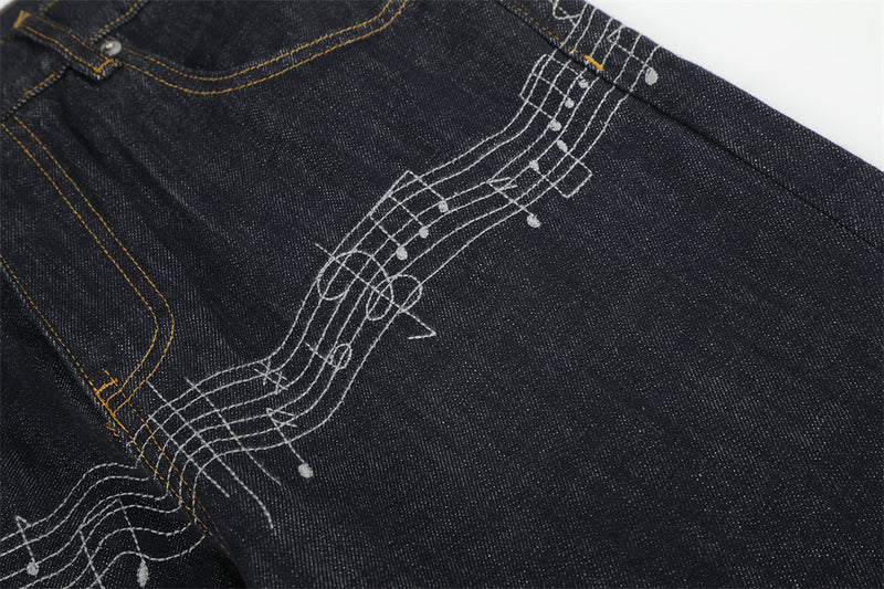 Wide-Leg Raw Denim Jeans with Music Note Embroidery