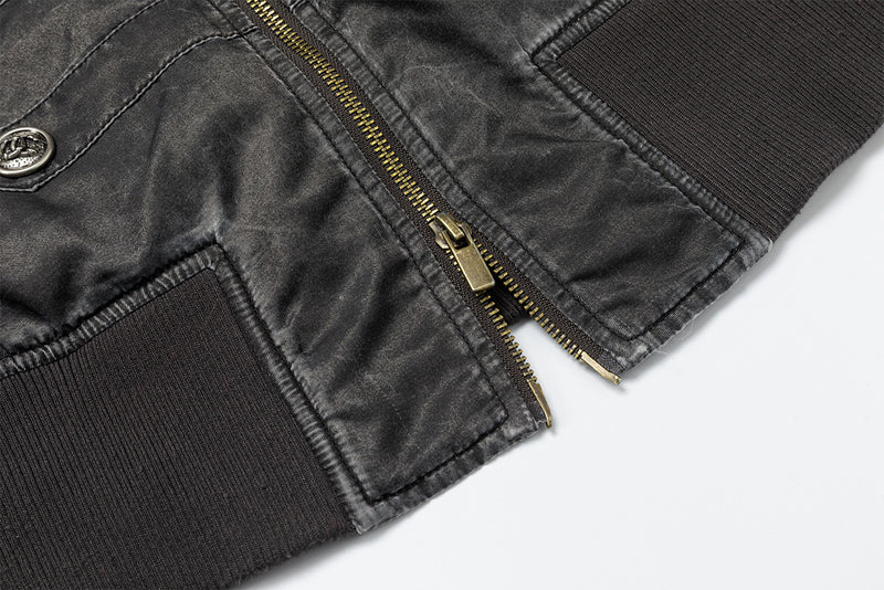 Military-Style Padded Bomber Jacket – Stand Collar, Double-Breasted Buttons