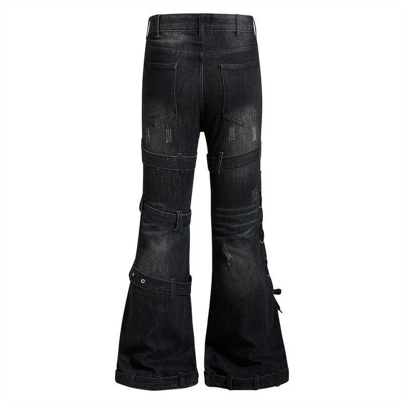 Gothic Buckle Strap Flare Jeans – Men's Washed Black Distressed Denim