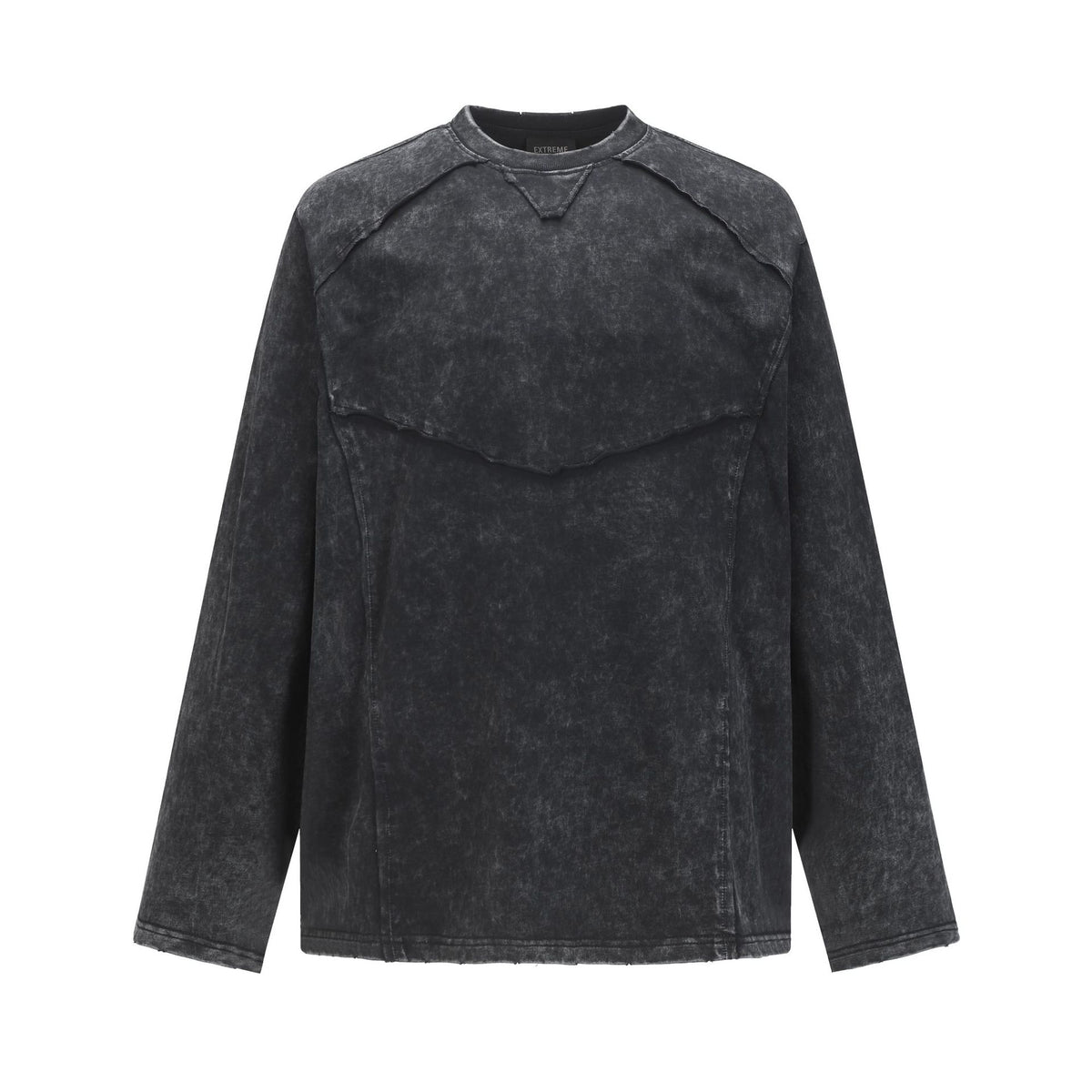 Pull homme gris à col rond – Délavé à l’acide, déstructuré, manches longues à bords bruts
