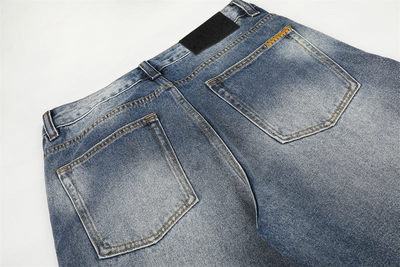 Wide-Leg Washed Jeans – Men's Vintage Blue Distressed Straight-Cut Denim