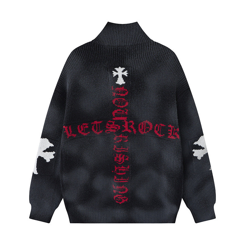 Veste-pull zippée en maille croisée gothique – Gilet oversize punk à col cheminée