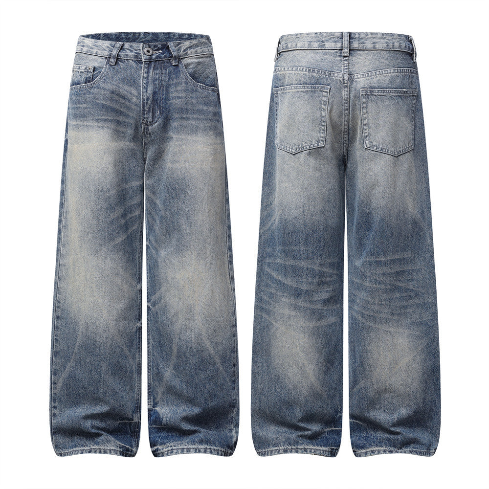 Men's Wide-Leg Baggy Jeans – Vintage Washed Straight Fit Denim