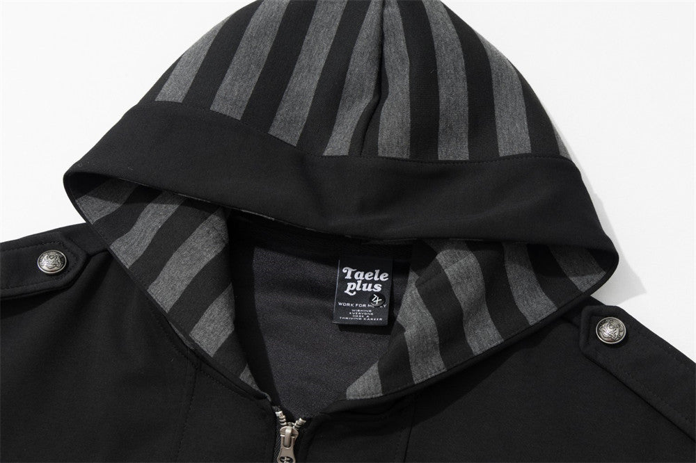 Veste sweat à capuche militaire gothique avec manches rayées et boutons croisés