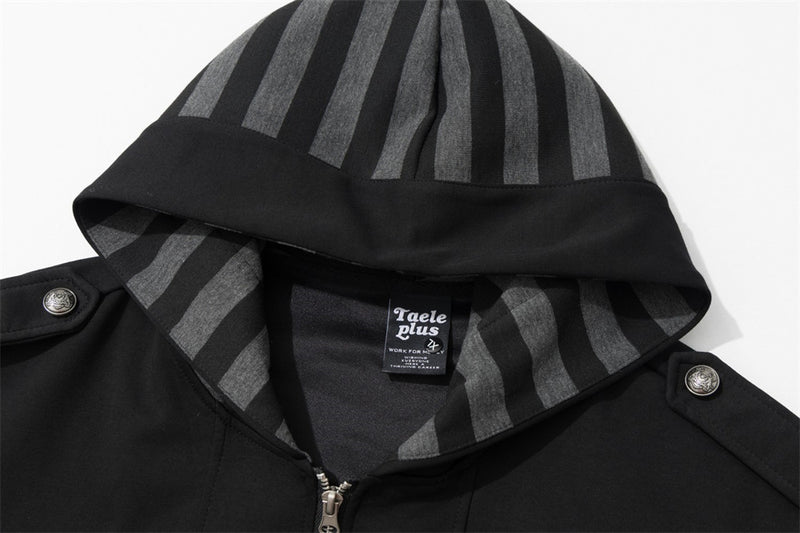 Veste sweat à capuche militaire gothique avec manches rayées et boutons croisés