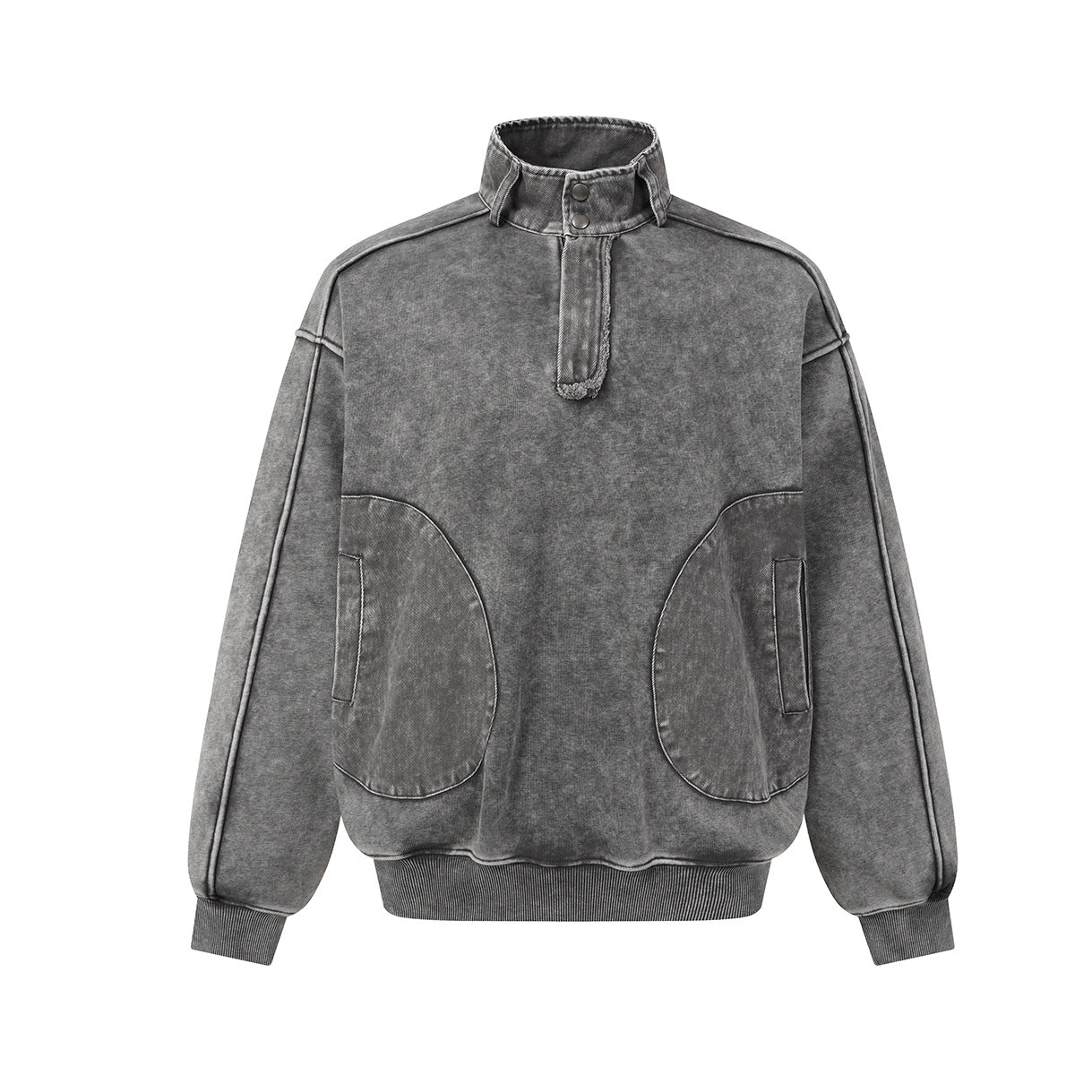 Acid Wash Mock Neck Snap Pullover Sweatshirt with Oversized Front Pockets