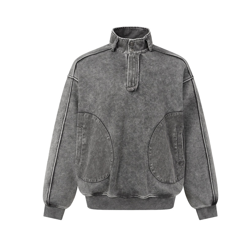 Acid Wash Mock Neck Snap Pullover Sweatshirt with Oversized Front Pockets