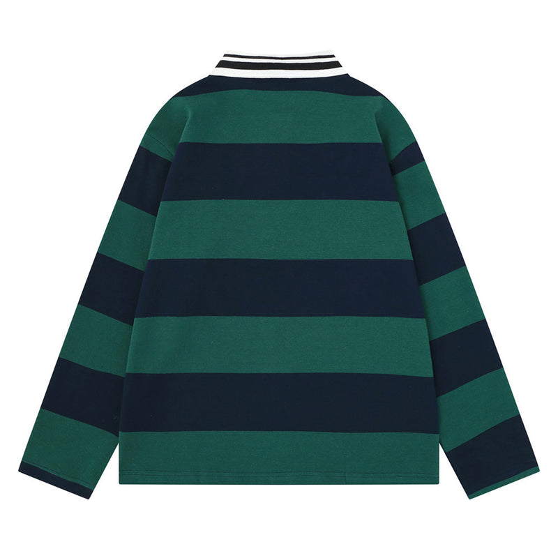 Men's Striped Long Sleeve Rugby Polo Shirt with Embroidered Logo
