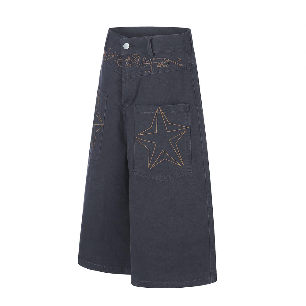 Star Embroidered Wide-Leg Cargo Shorts – Y2K High Street Streetwear