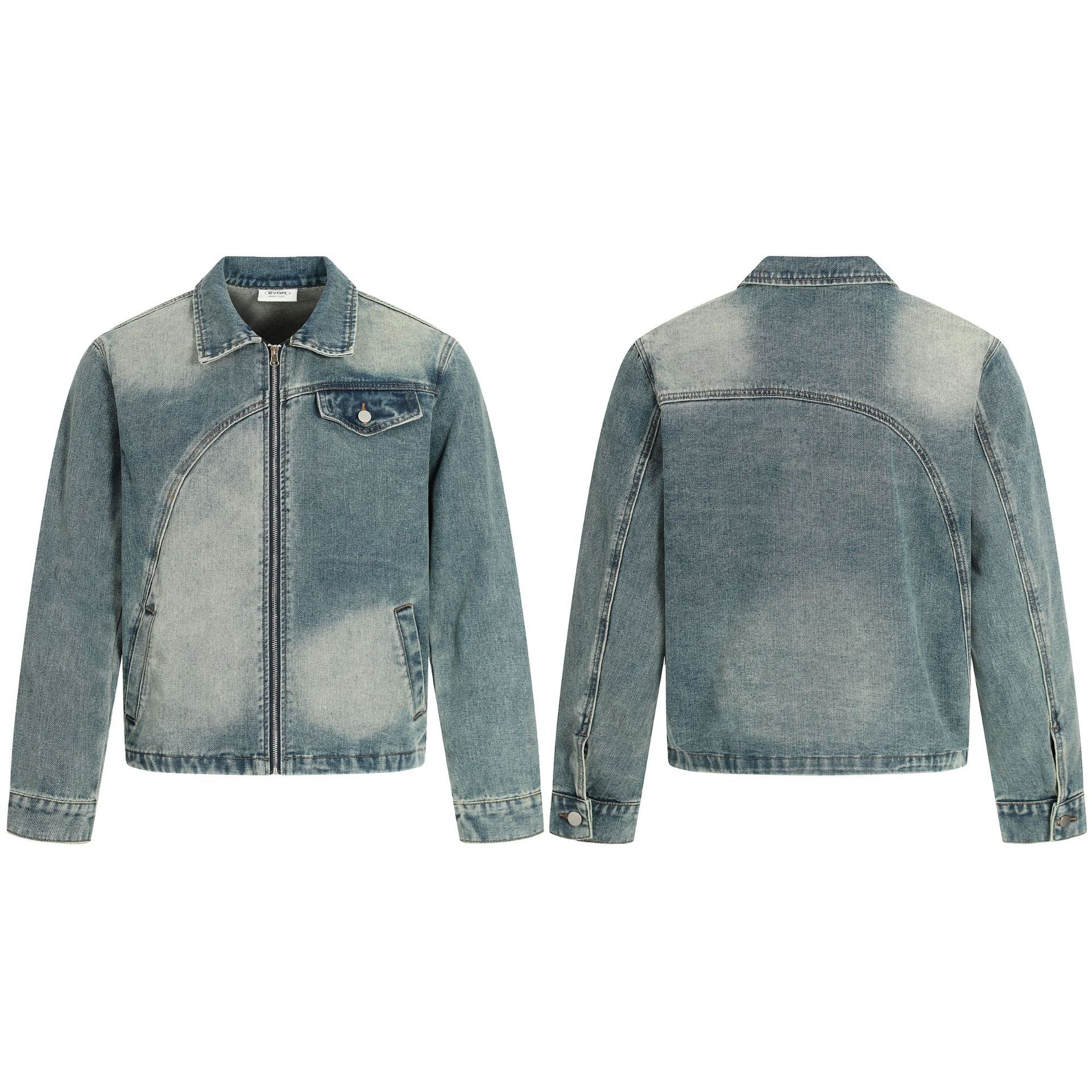 Light Wash Denim Jacket – Zip-Up Boxy Fit with Distressed Wash Detail