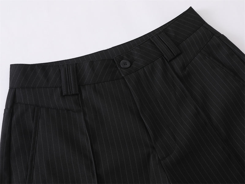 Black Pinstripe Wide-Leg Trousers – Pleated Relaxed Fit Dress Pants