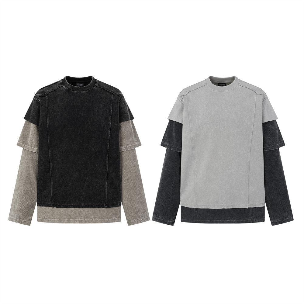 T-shirt manches longues à effet superposé, délavé à l’acide et déconstruit – Color block