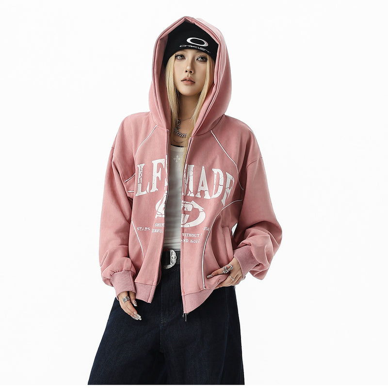 GLFSMADE Letter Print Zip-Up Hoodie – Double-Zip Oversized Streetwear Jacket