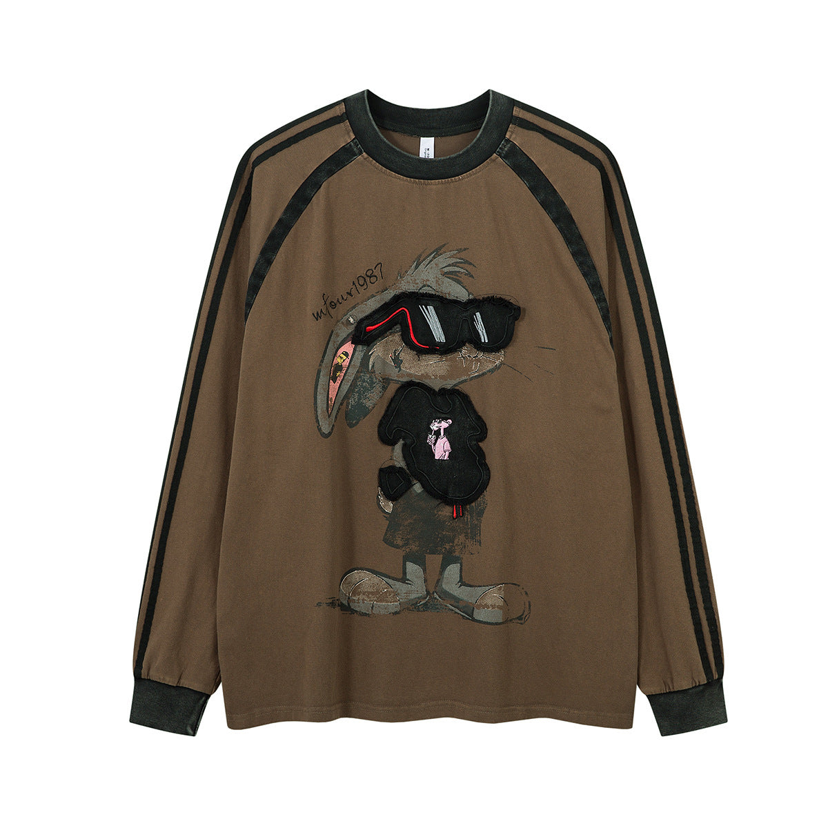 T-shirt graphique délavé à manches longues avec imprimé lapin cartoon, écusson brodé et rayures raglan contrastées, marron kaki