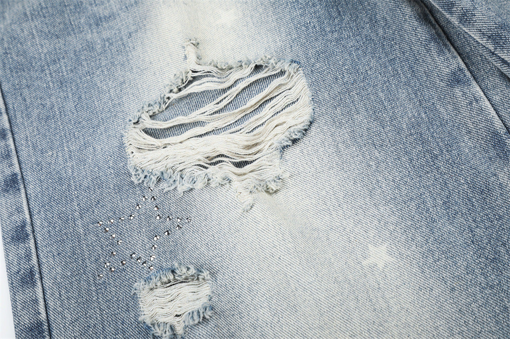 Star Embroidered Distressed Wide-Leg Jeans – Washed Baggy Denim with Ripped Knee