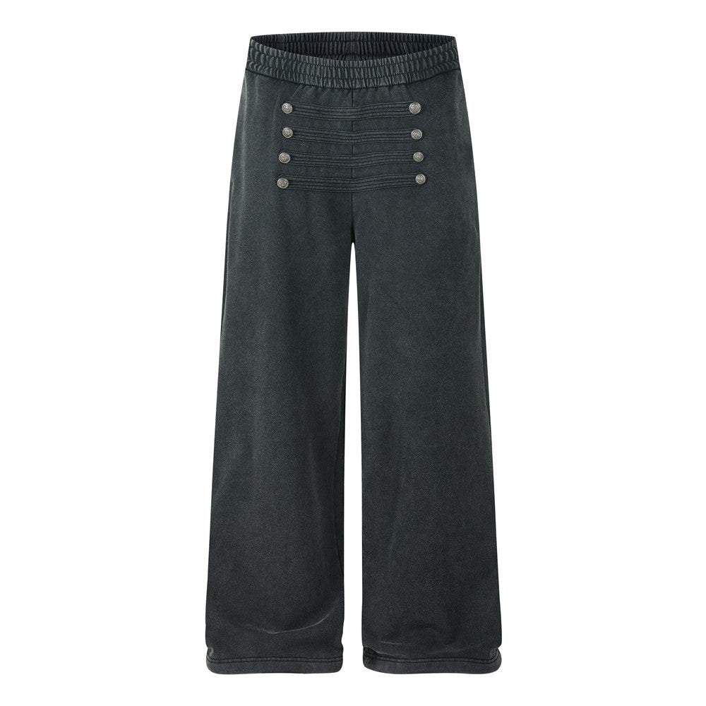 Pantalon de survêtement homme à jambes larges, gris anthracite foncé délavé à l’acide, avec patte de boutonnage double à boutons argentés sur la taille avant, vues avant et arrière