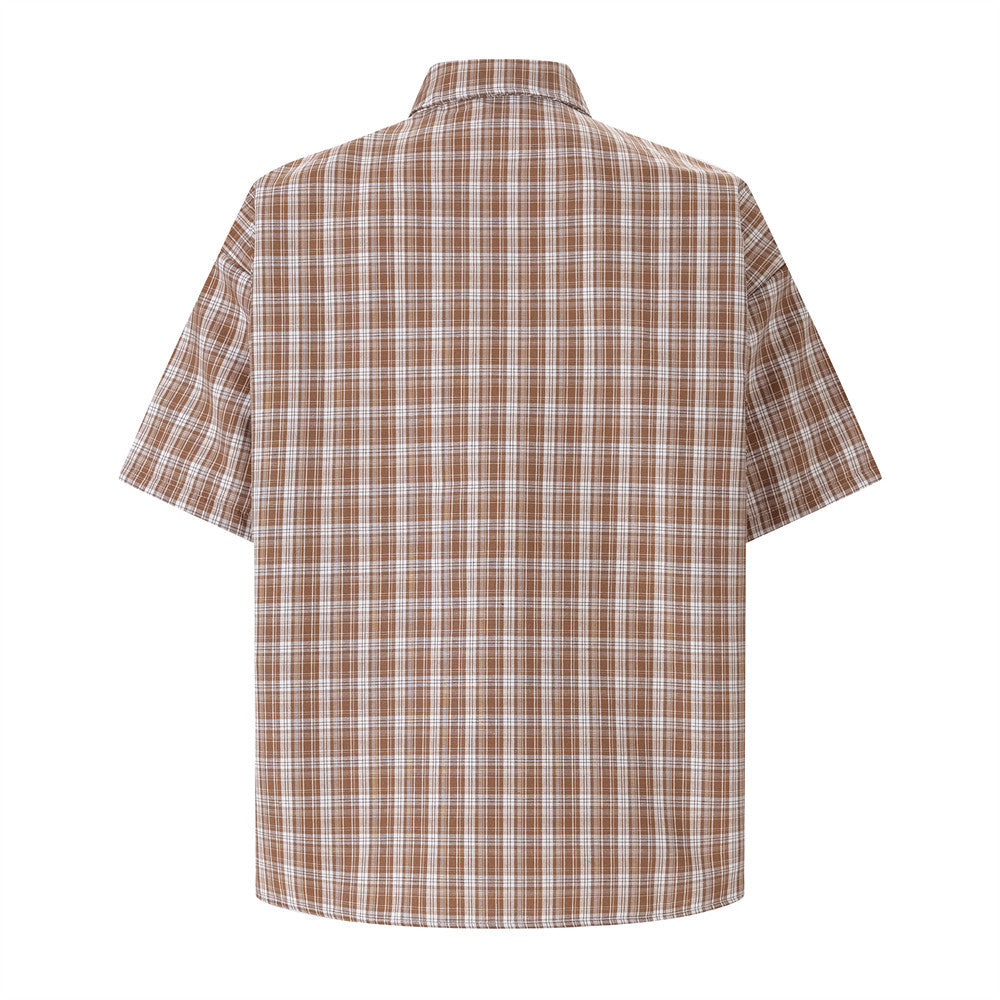 Oversized Plaid Short-Sleeve Shirt with Pearl Star Embroidery