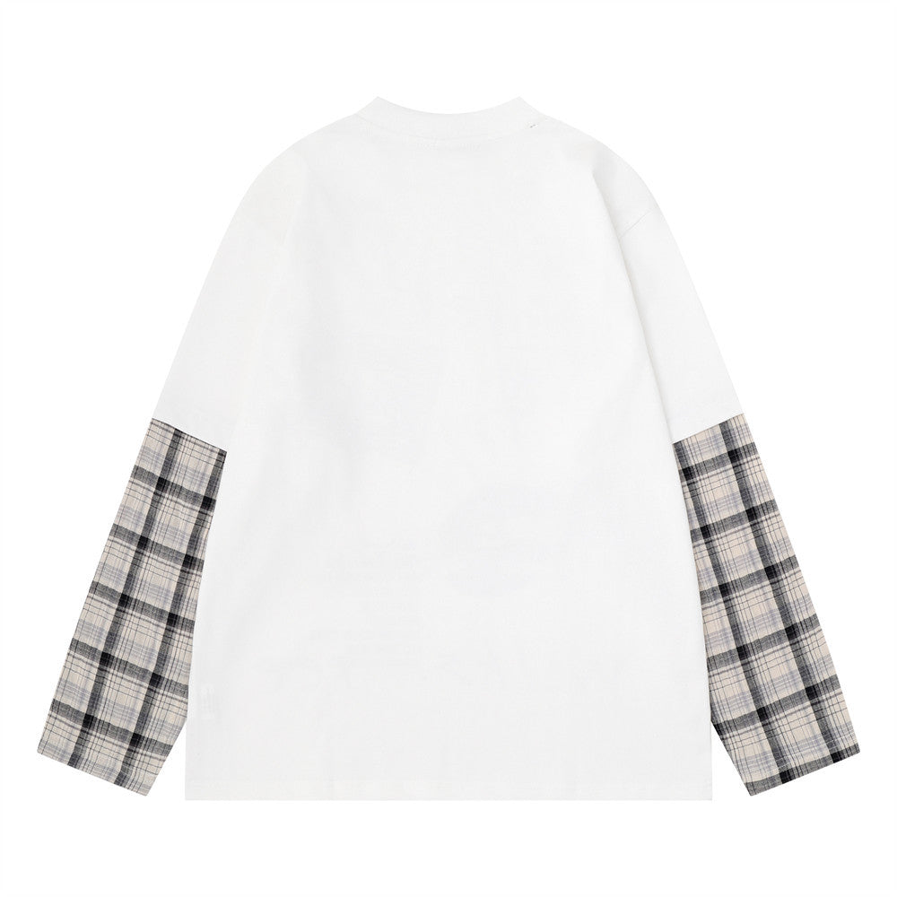 Plaid Splice Long Sleeve Graphic T-Shirt – Faux Two-Piece Streetwear Top