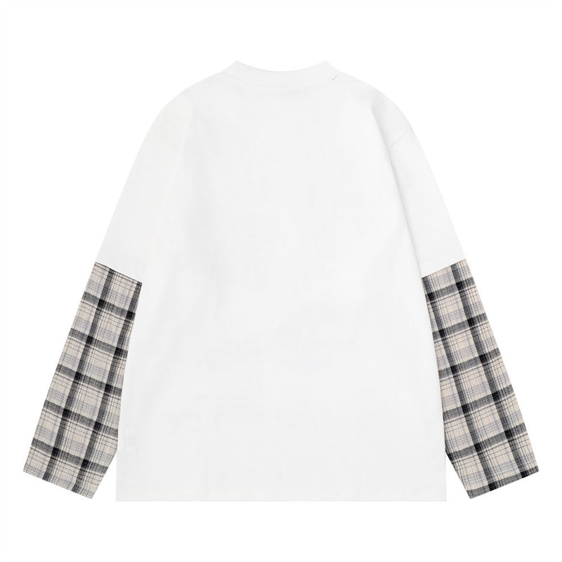 Plaid Splice Long Sleeve Graphic T-Shirt – Faux Two-Piece Streetwear Top