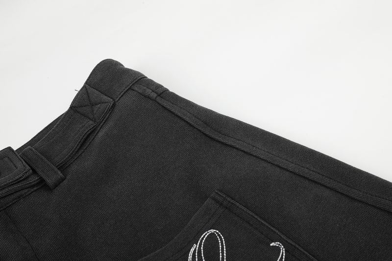 Pantalon habillé à jambes larges – Coupe baggy délavée avec poches brodées et ceinture croisée