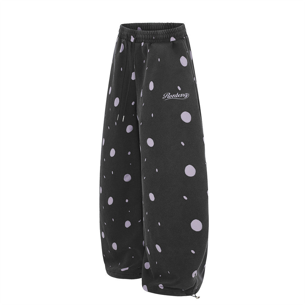 Wide-Leg Polka Dot Sweatpants – Black & Lavender All-Over Print