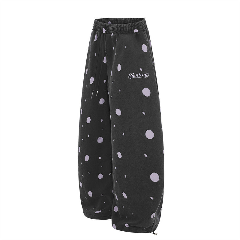 Wide-Leg Polka Dot Sweatpants – Black & Lavender All-Over Print