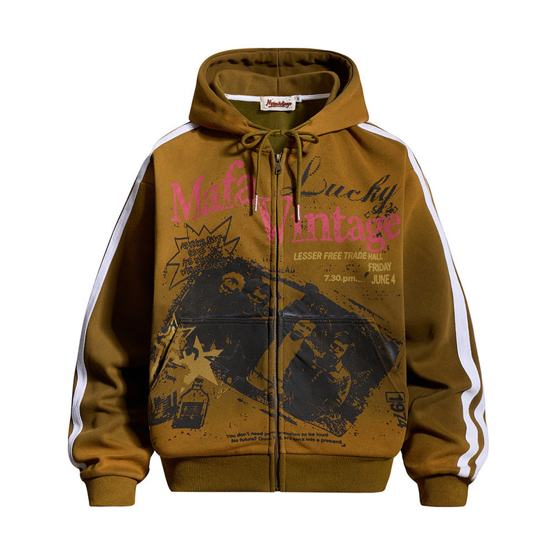 Oversized zip-up hoodie with vintage punk concert-poster graphic print and white contrast sleeve stripes in golden brown colo