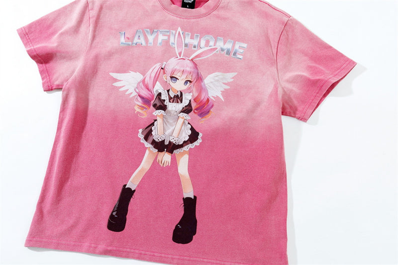 Camiseta gráfica rosa para hombre – Camiseta extragrande lavada al ácido con ángel maid de anime