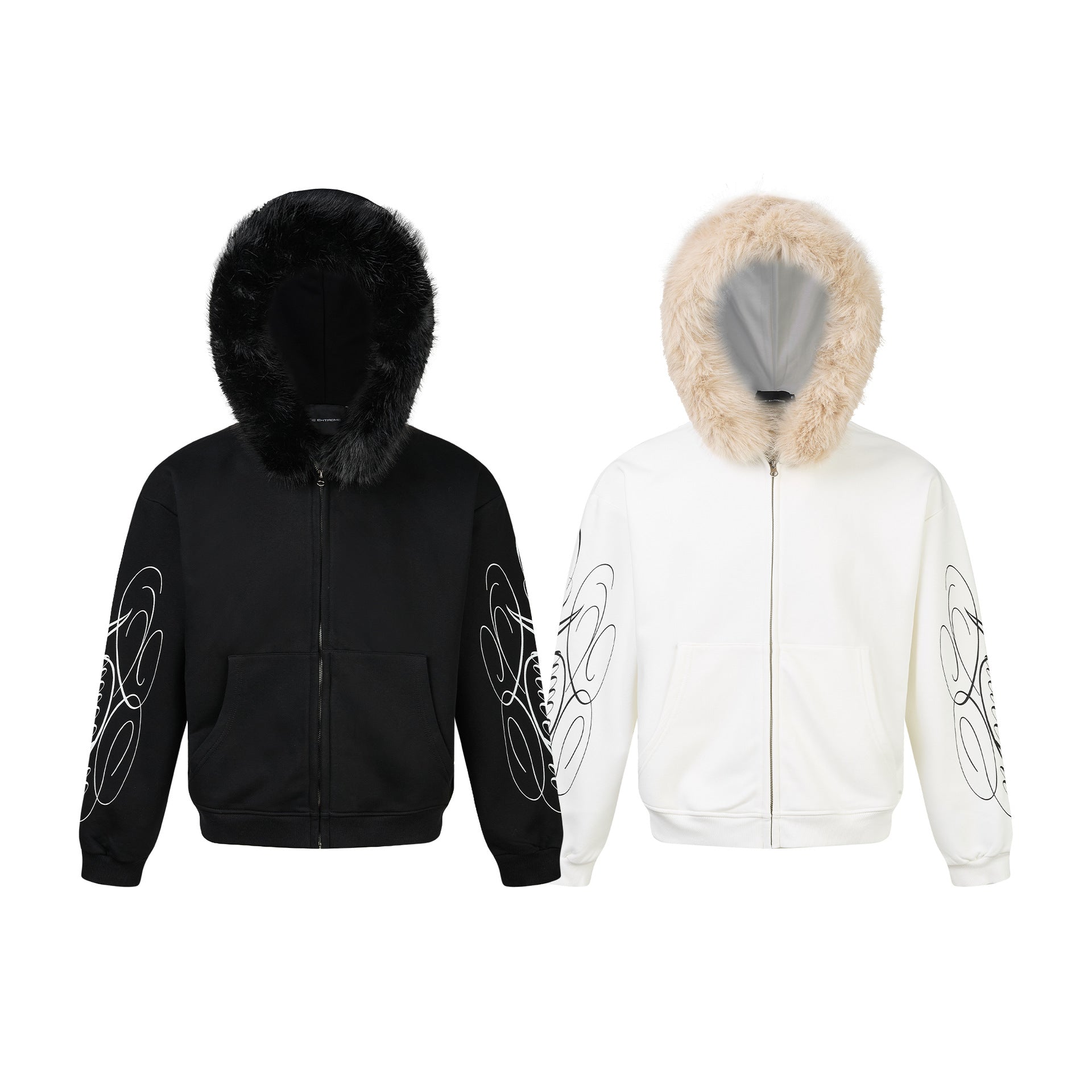 Sweat à capuche zippé avec bordure en fausse fourrure et imprimé script sur les manches