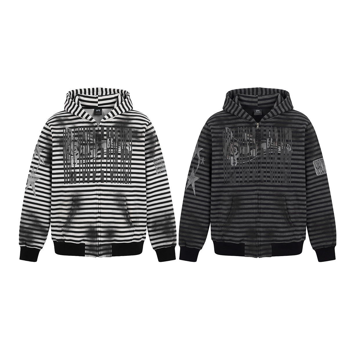 Striped Zip-Up Hoodie – Distressed Dark Streetwear with Music Graphic Print