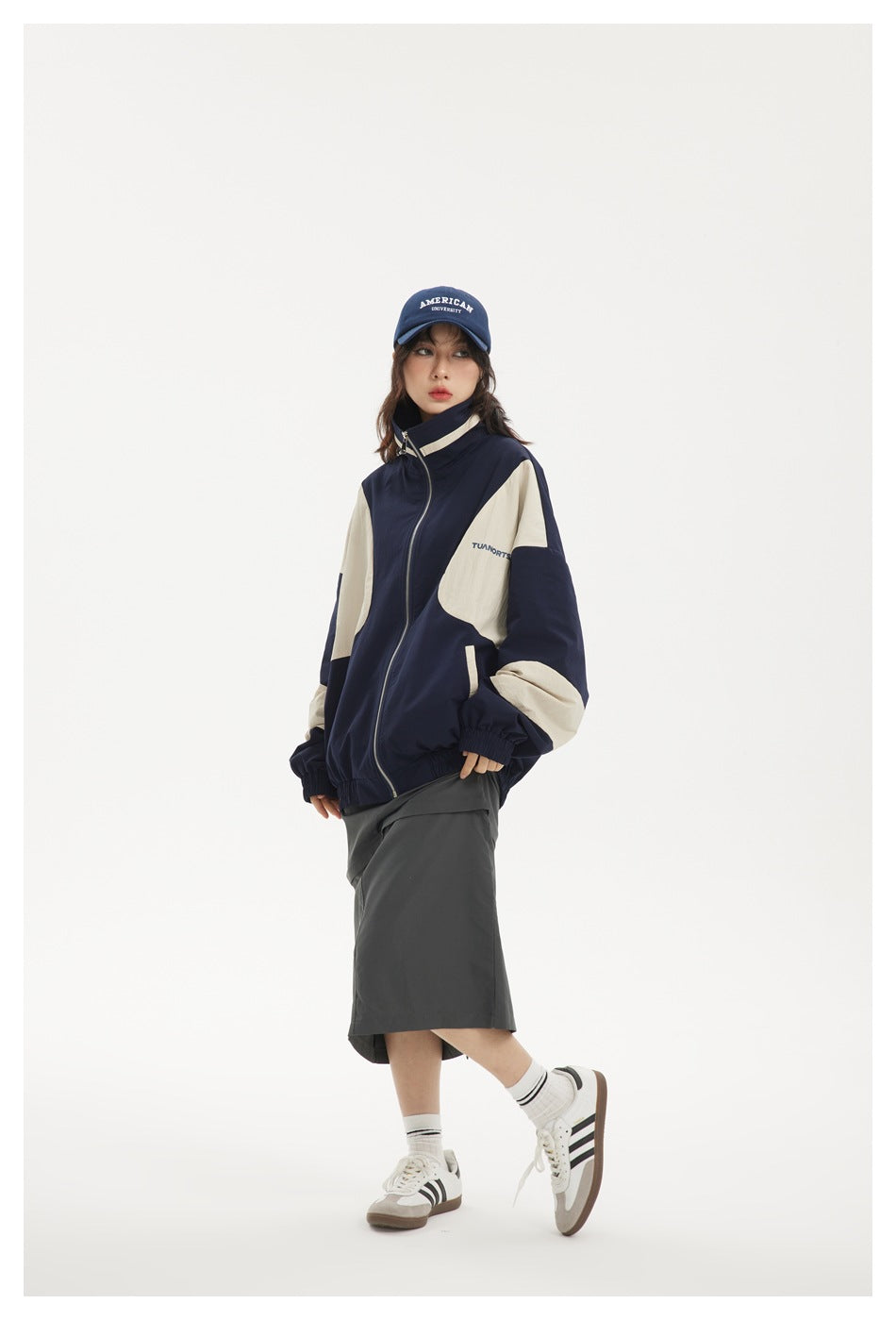 Colorblock Zip-Up Track Jacket — Oversized Retro Varsity Style