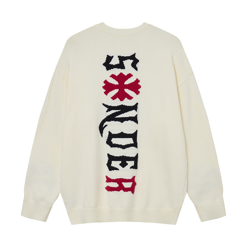 Gothic-Cross-Jacquard-Strickpullover mit Rundhalsausschnitt – Oversized