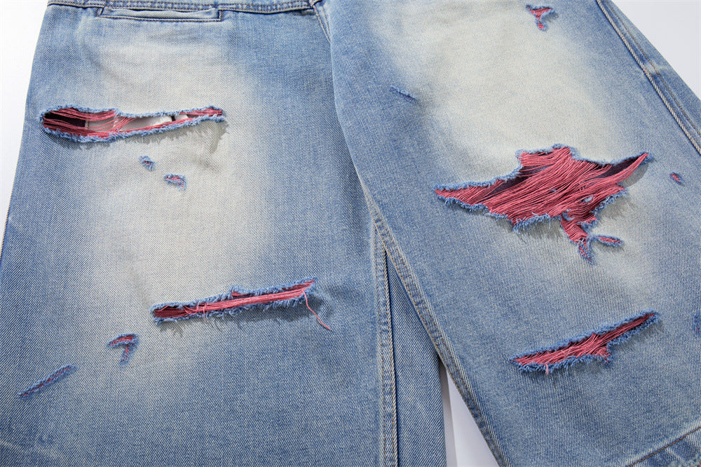 Ripped Wide-Leg Denim Shorts – Pink Thread Distressed, Washed Blue