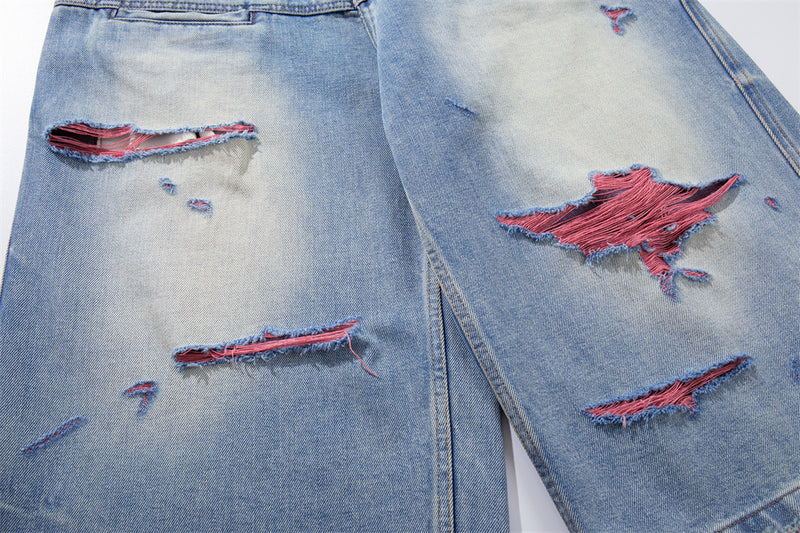 Ripped Wide-Leg Denim Shorts – Pink Thread Distressed, Washed Blue