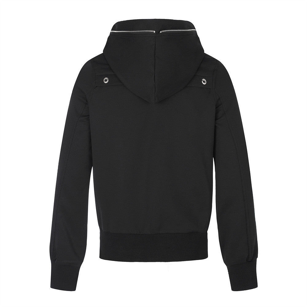 Back view of black hoodie jacket with hood and ribbed hem