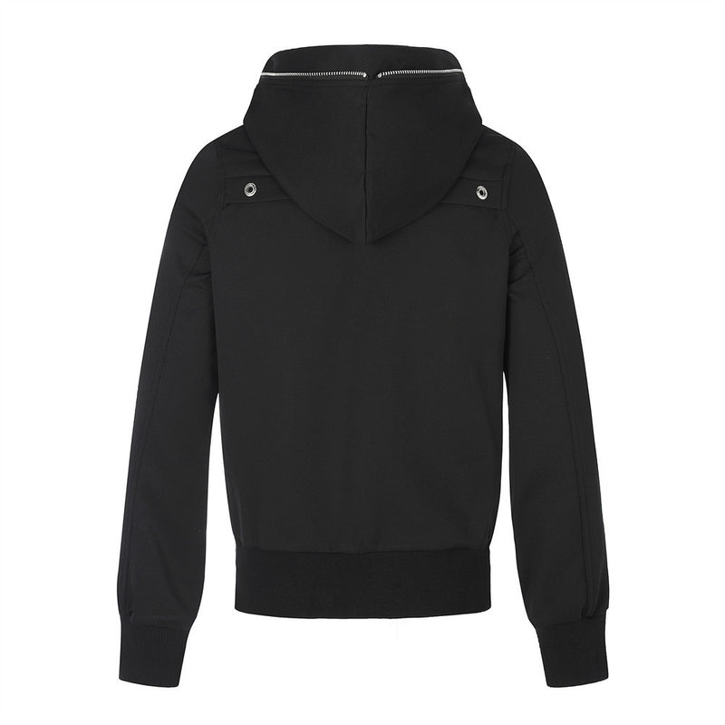 Back view of black hoodie jacket with hood and ribbed hem