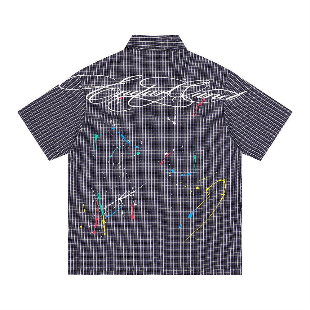 Paint Splash Embroidery Plaid Short Sleeve Shirt – Oversized Fit
